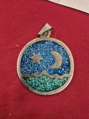 Silver Vintage Mexicab Pendant Pendant with Crushed Gemstone Mosaics